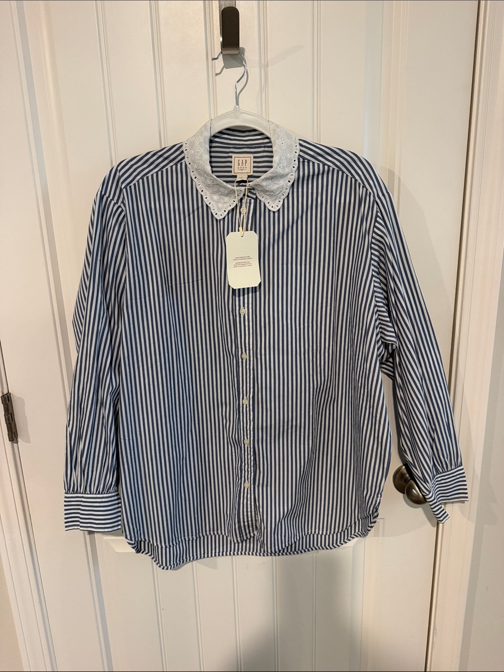 GAP Doen Blue and White Striped Button-Down Shirt with Lace Collar